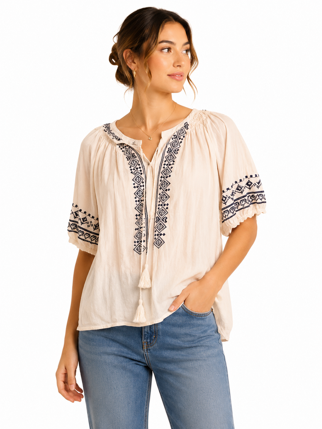 Blouse fluide à broderies ethniques
