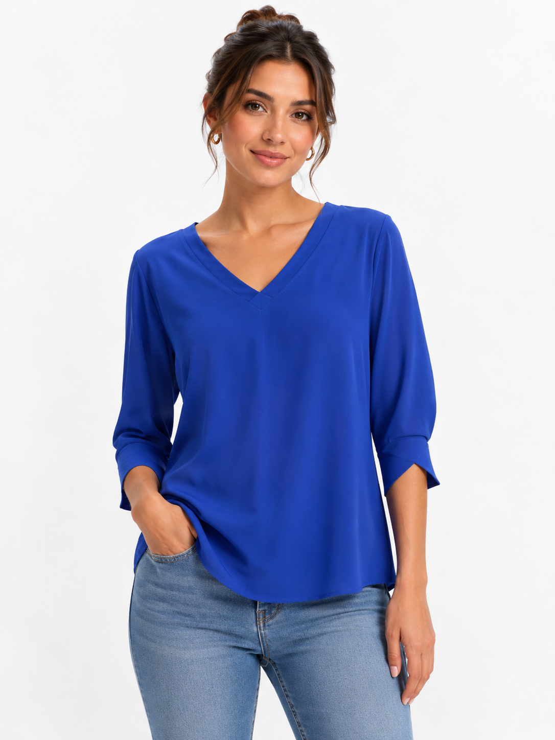 Blouse fluide col V manches 3/4