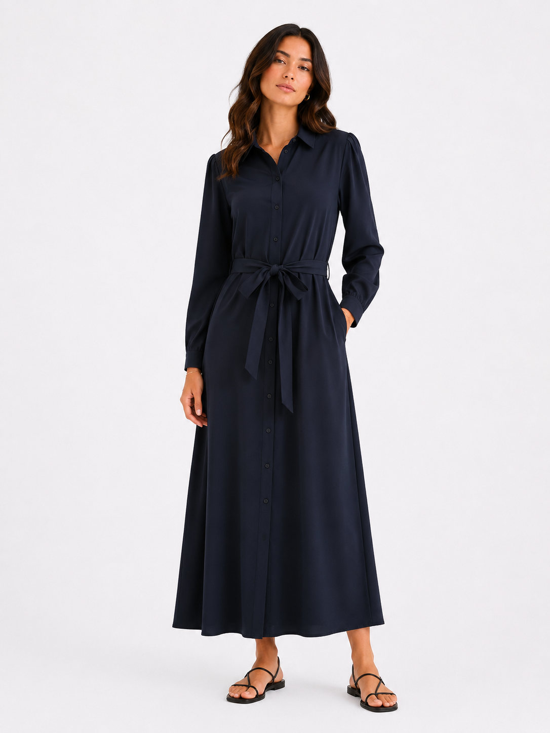 Robe chemise longue ceinturée